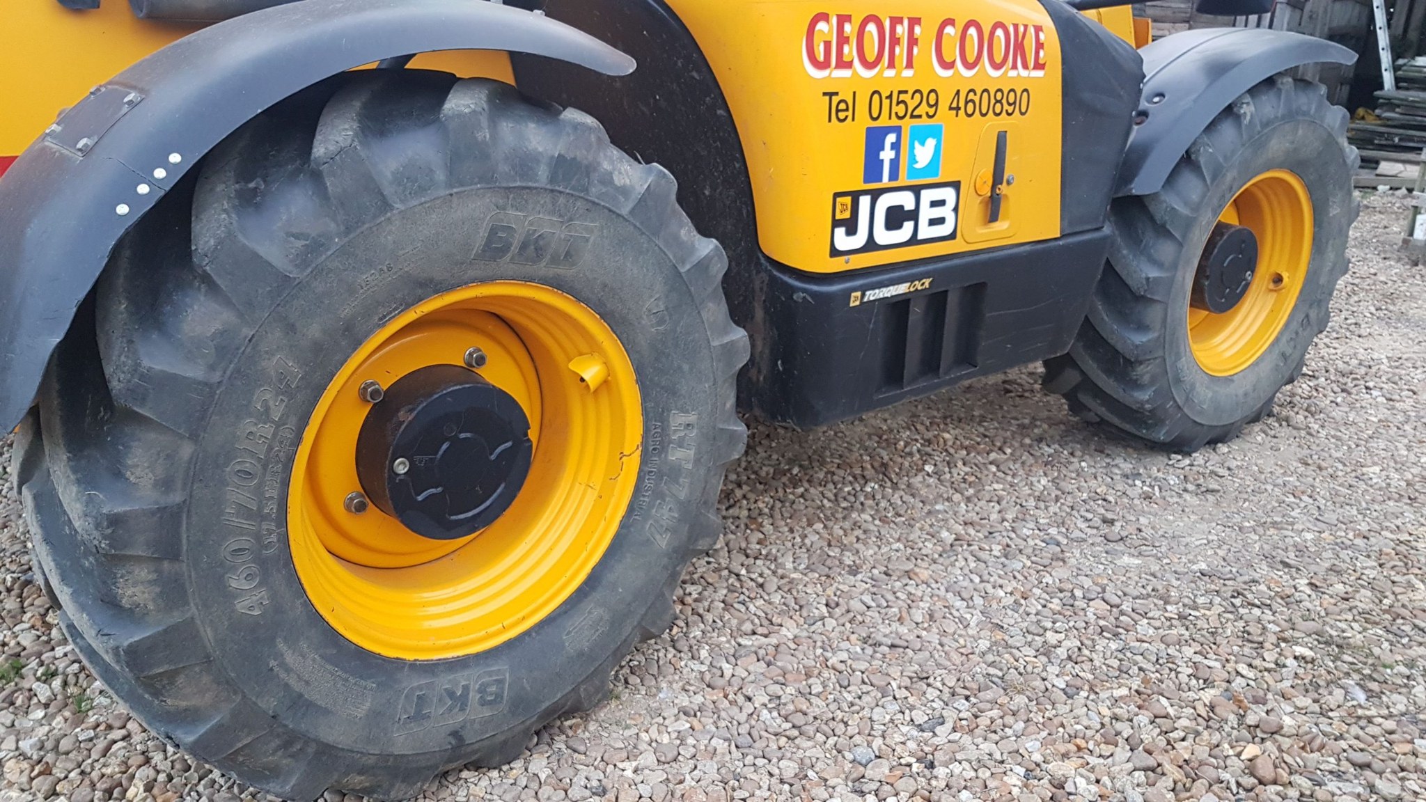 Geoff Cooke JCB telehandler showing the firm's livery and phone number